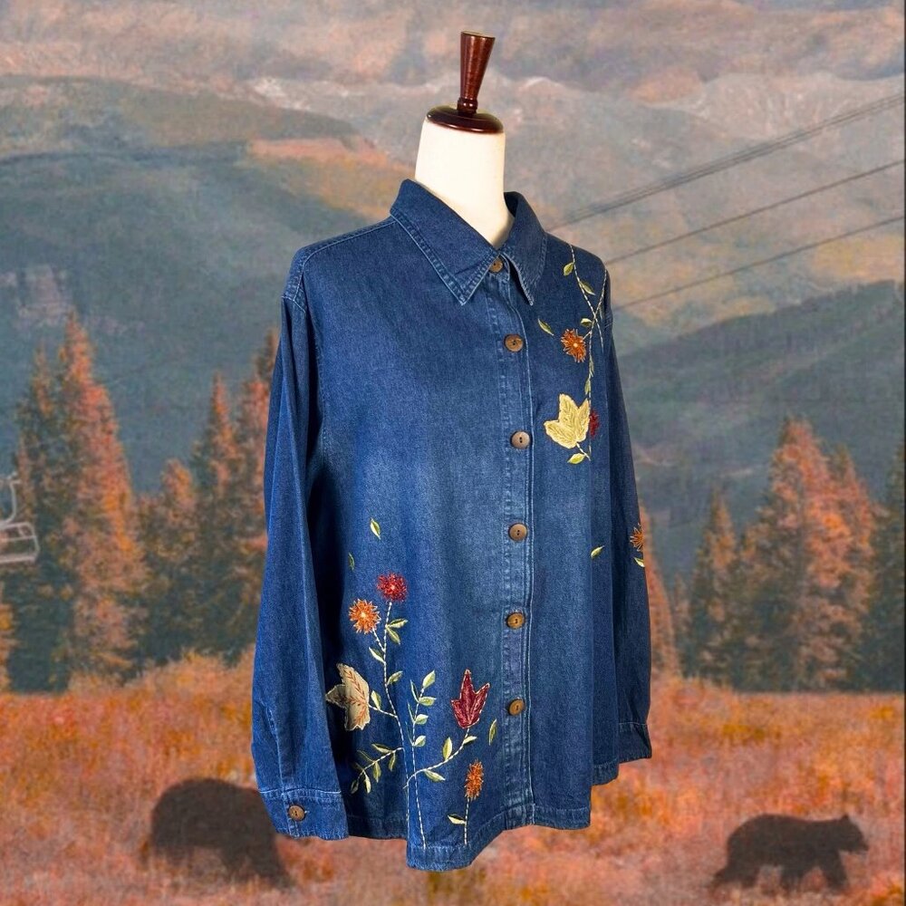 New Directions Denim Leaves Embroidered Button Up  Shirt Sz 2X Top Cottagecore